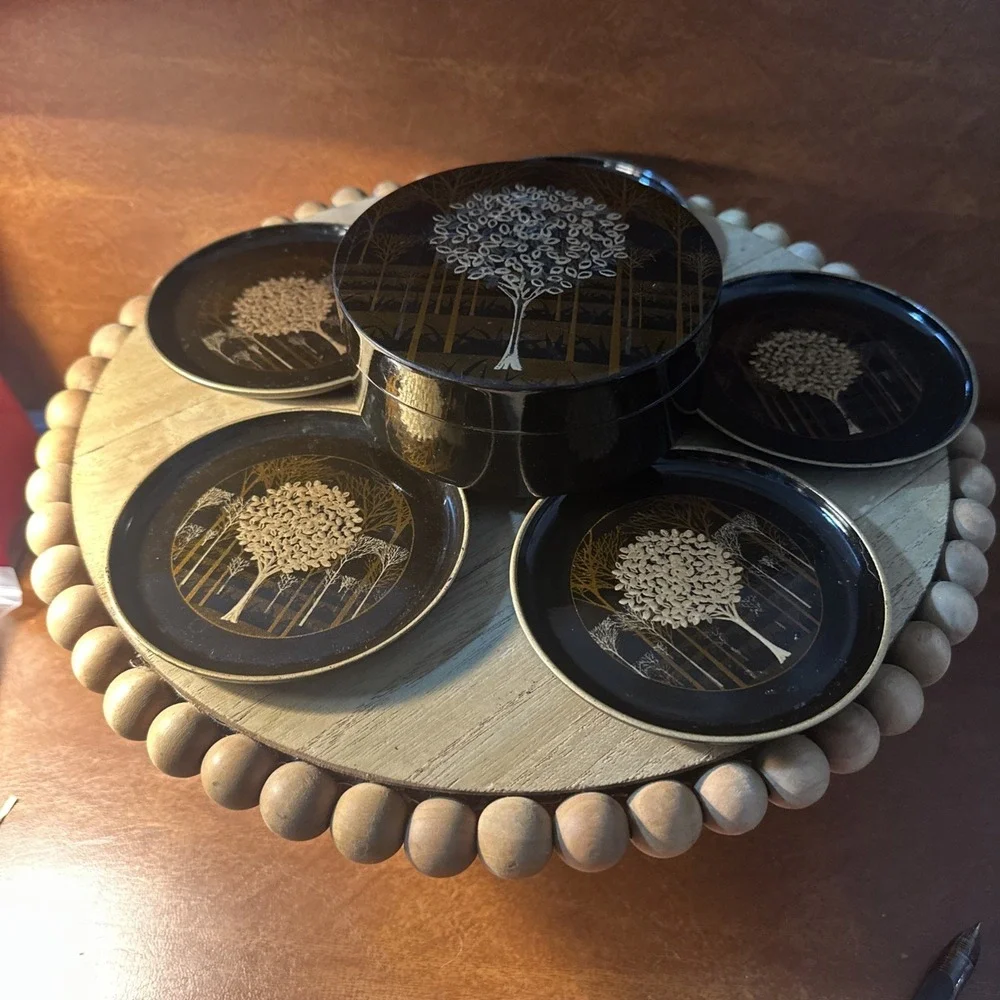 Set 5 of Otagiri Japan Black Lacquer Metallic Gold Tree Trays and Trinket Box